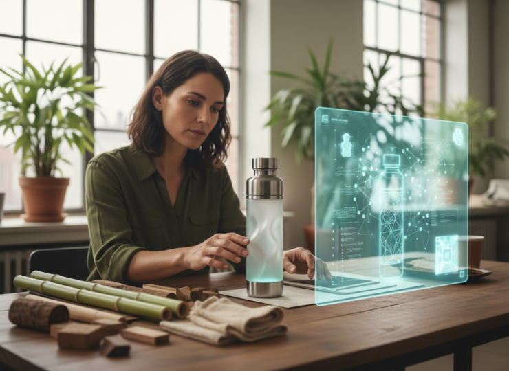 A product designer working beside an artificial intelligence interface on a sustainable consumer product concept
