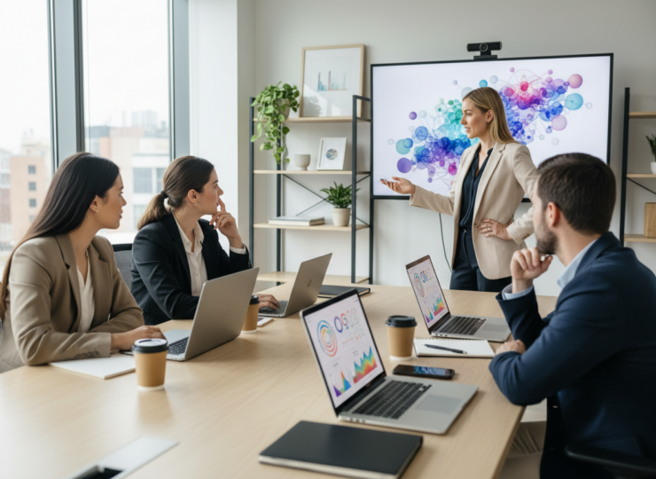 Small business marketing team reviewing AI-assisted analytics in a modern office.