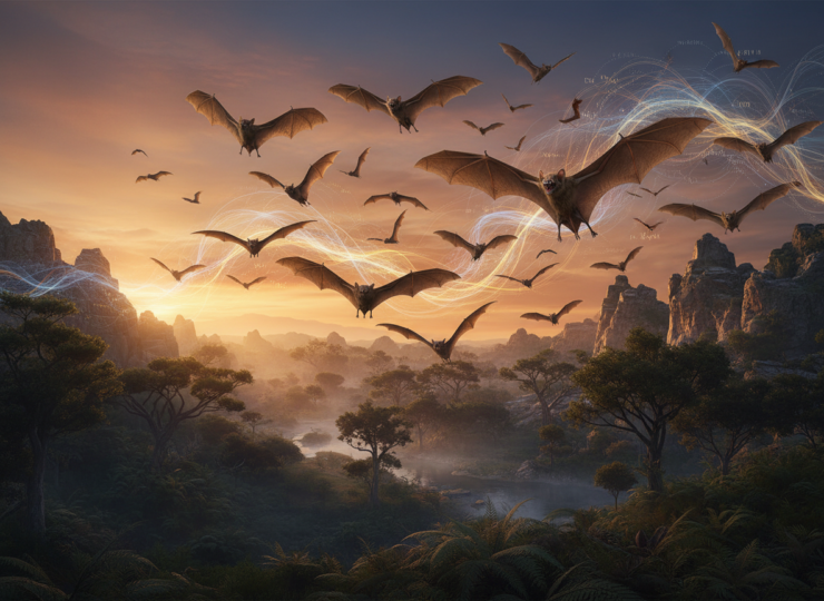 Bats flying above a prehistoric European landscape at dusk