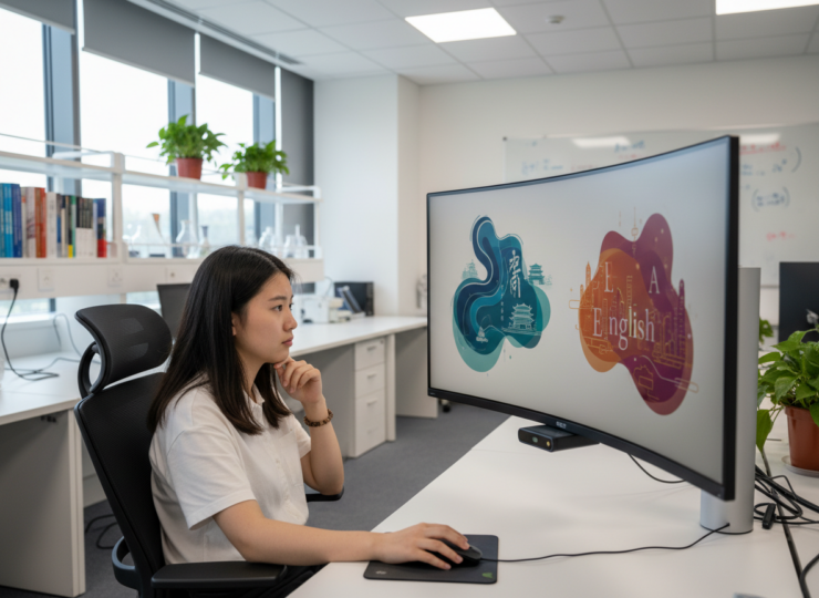 Bilingual participant completing an eye-tracking moral decision task in a research laboratory.