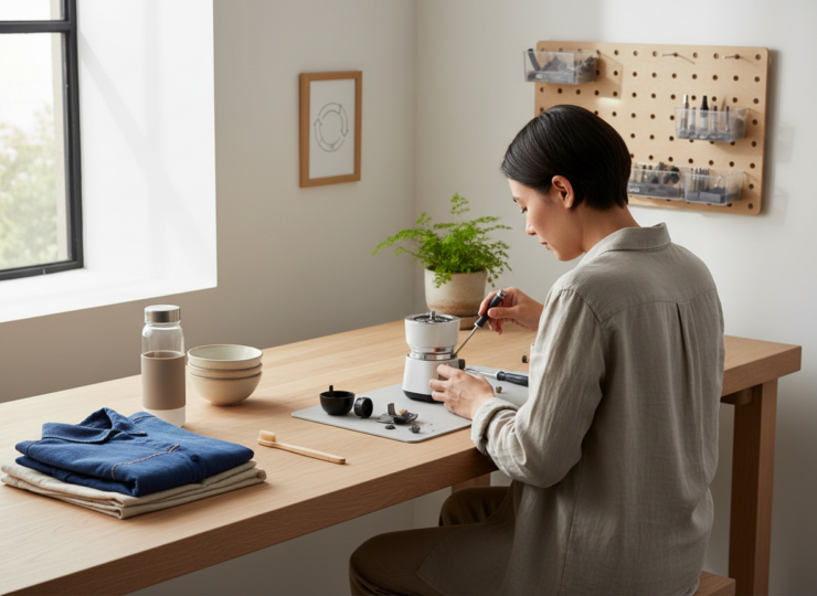 Person repairing a household item beside second-hand and reusable goods, illustrating circular consumer behaviour.