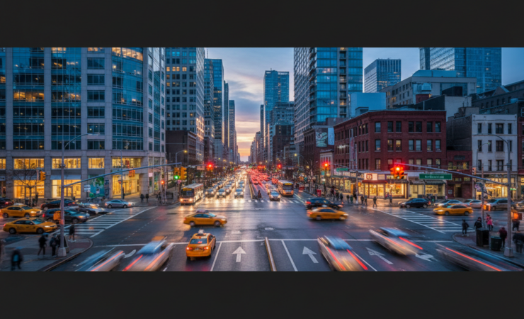 Modern urban intersection with moving vehicles and coordinated traffic signals, illustrating decentralised intelligent traffic control.