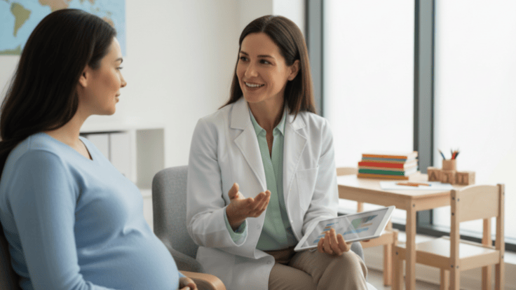 Pregnant woman discussing maternal mental health with a healthcare professional in a calm clinical setting.