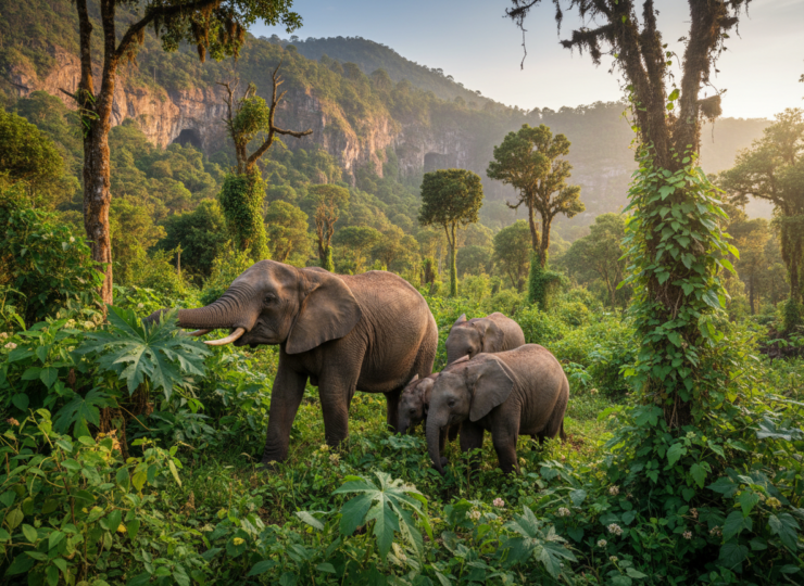 African elephants foraging among vegetation on the forested slopes of Mount Elgon in Kenya
