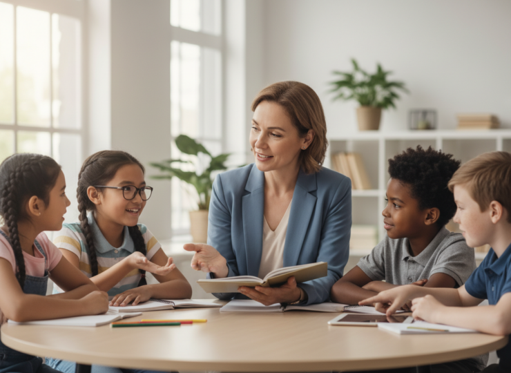 Teacher supporting students during a classroom discussion about social and emotional learning