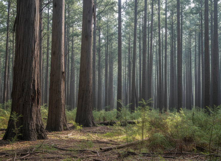 Large mountain ash trees in an open Australian forest stand representing a long-term thinning experiment