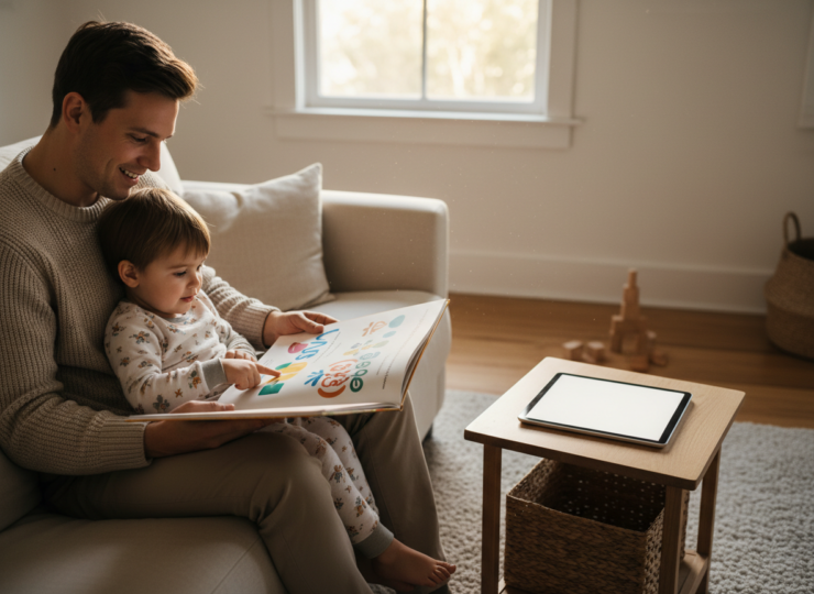 Parent and preschool child sharing a picture book while a tablet rests unused nearby