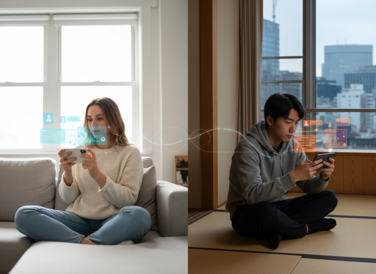 Two young adults from different cultural contexts viewing social media profiles on smartphones in a respectful editorial scene.