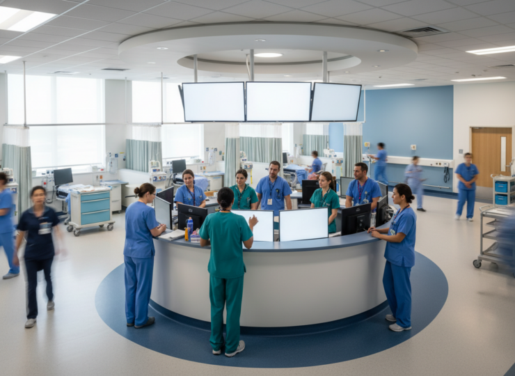 Clinicians coordinating patient flow in a modern hospital emergency department.
