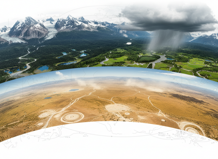 Editorial climate image contrasting wetter high latitudes and monsoon regions with drying subtropical landscapes.