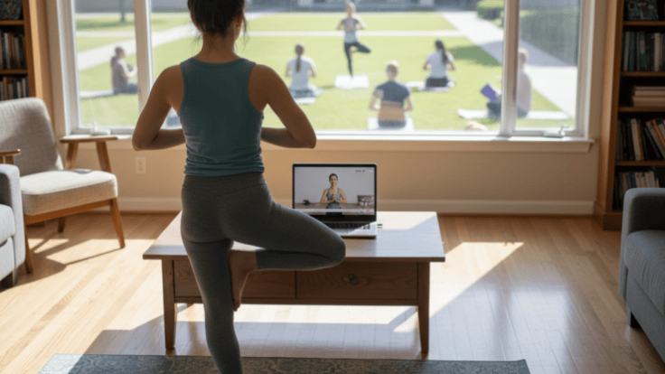 University student practising yoga while following an instructional video on a laptop.