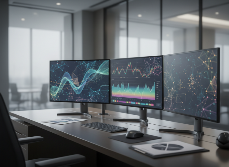 Financial trading screens with abstract market charts representing machine-learning analysis of intraday markets