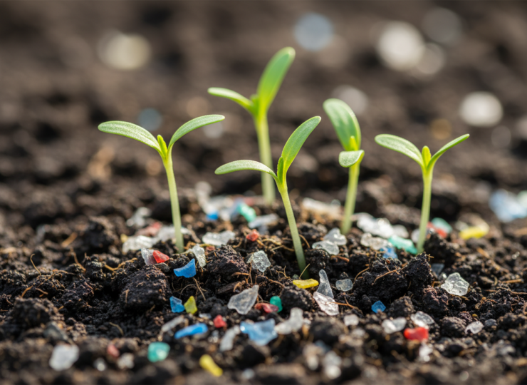 Green seedlings growing in soil containing small microplastic fragments.