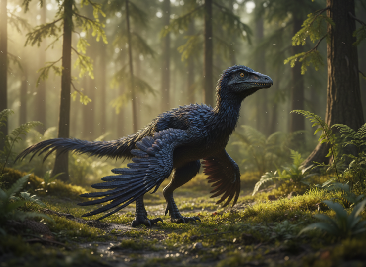 Editorial reconstruction of a small feathered microraptorine dinosaur in a Cretaceous forest