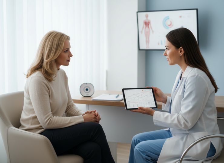 Woman discussing reproductive and metabolic health with a doctor in a modern clinic.