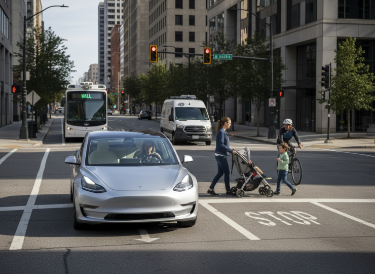 Editorial image of drivers navigating an urban intersection, illustrating research on moral judgments of driver character, traffic rules and outcomes.