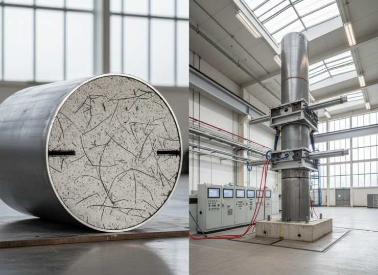 Circular steel tube filled with fibre-reinforced concrete undergoing lateral cyclic testing in an engineering laboratory