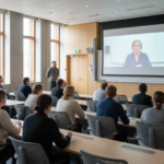 Students Rated Learning Far Higher When Lecturer Was in the Room, Swedish Study Finds University students in a classroom attend a live lecture on a video screen