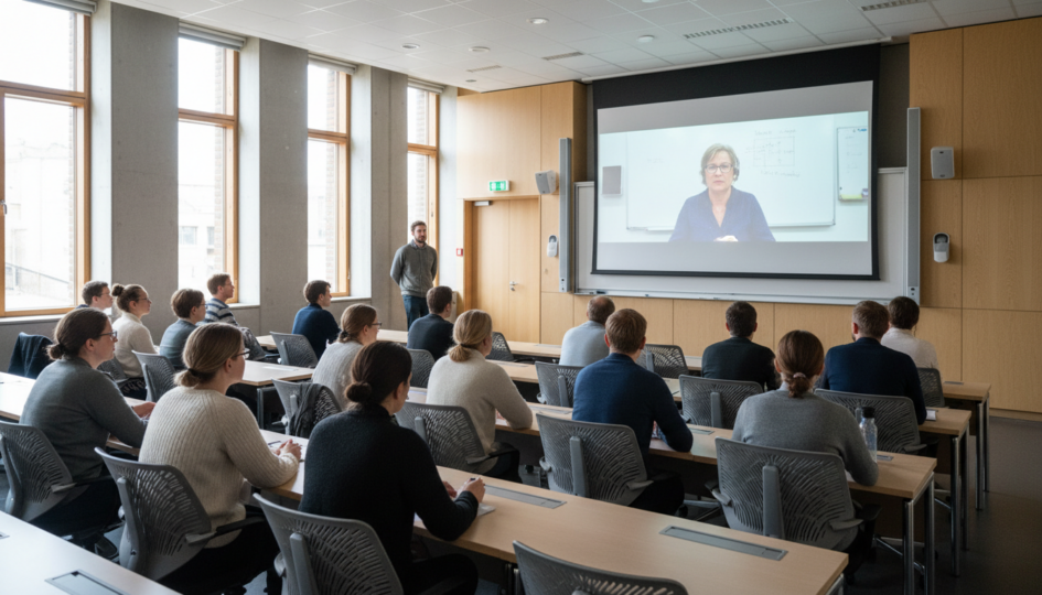 University students in a classroom attend a live lecture on a video screen