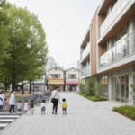 Parents and childcare workers agreed that facilities matter most, but valued different surroundings Parents, children and childcare workers outside a childcare centre in a walkable Japanese neighbourhood.
