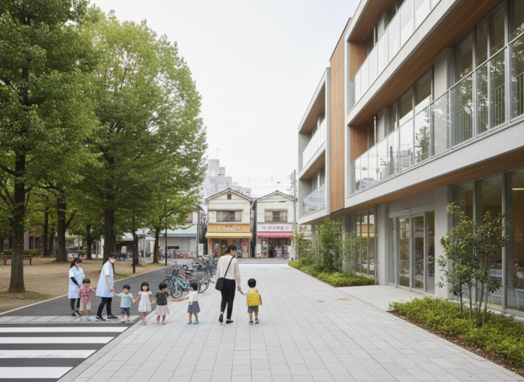 Parents, children and childcare workers outside a childcare centre in a walkable Japanese neighbourhood.
