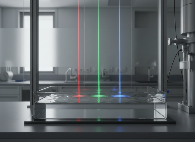 Pure water surface illuminated by red, green and blue laboratory light beams during an evaporation experiment.
