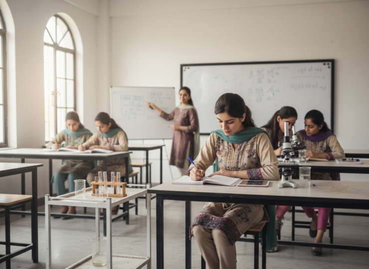 Female students studying STEM subjects with support from a teacher in a science classroom.