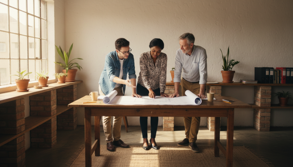 Three colleagues collaborating in a South African small-business workplace