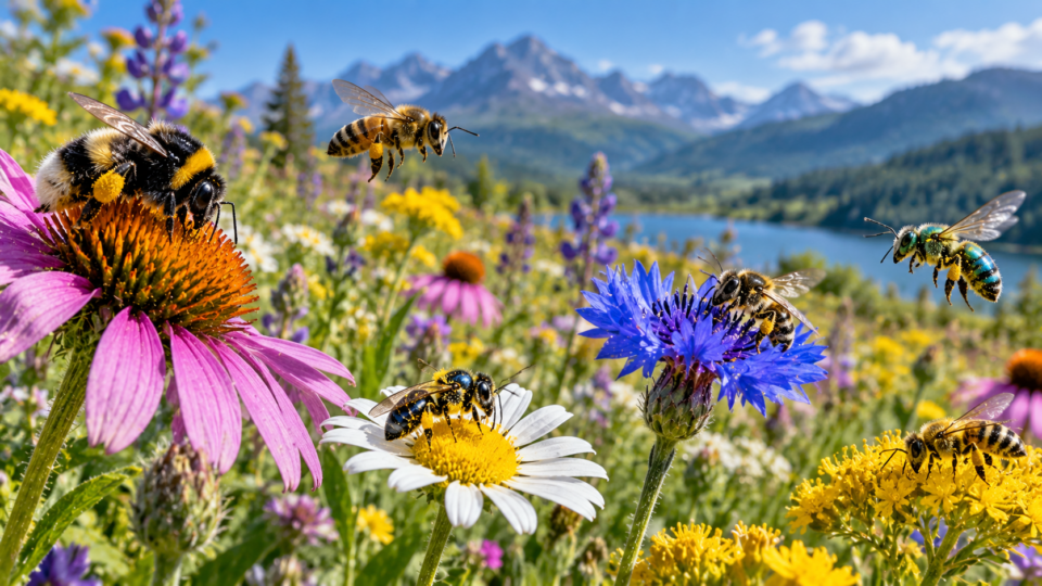Several wild bees pollinating different flowers in a mountain meadow
