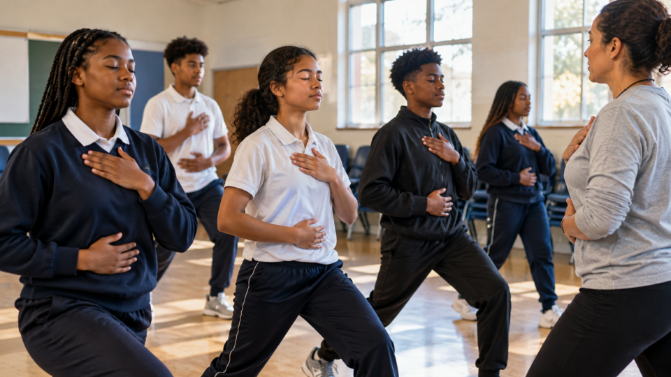 Illustrative image of teenagers taking part in a guided breathing and movement session in a classroom