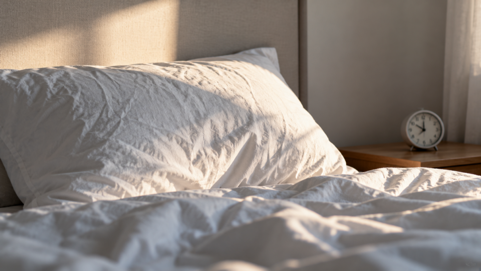 Simple natural photograph of rumpled white bedding and a bedside alarm clock in gentle morning light