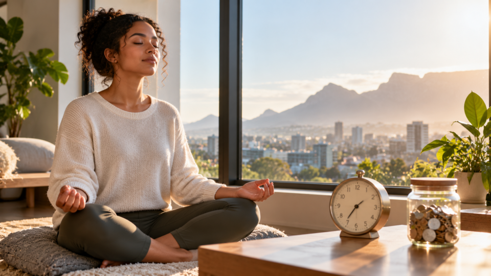 Woman meditating beside a clock and savings jar, illustrating mindfulness and choices between immediate and future rewards