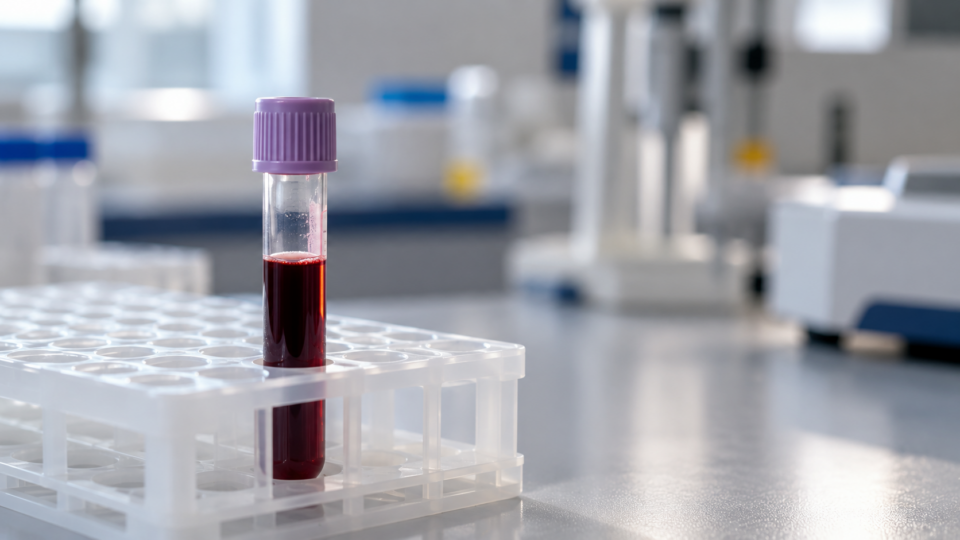 Single blood sample tube in a clinical laboratory rack under natural light