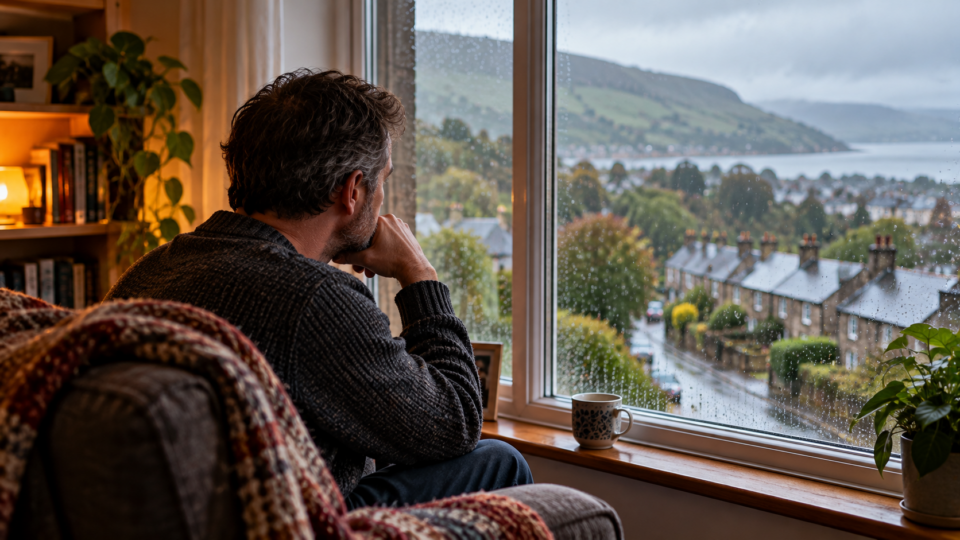 Illustrative image of a man sitting alone indoors and looking through a rainy window toward a Welsh hillside town