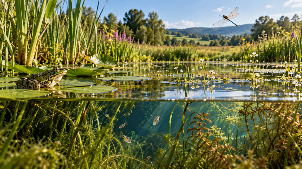 Sunlit freshwater pond with frog, lily pads, dragonfly and underwater aquatic vegetation