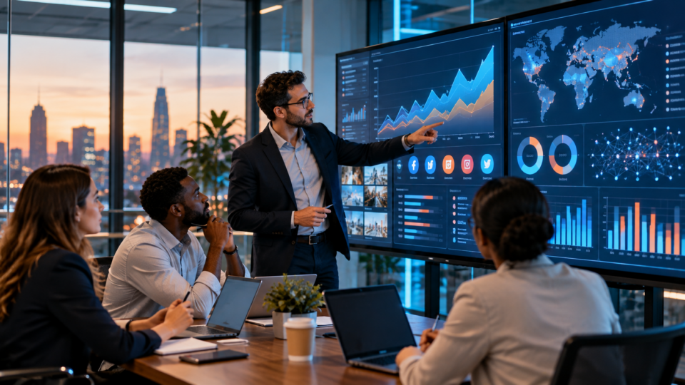 Business team analysing digital marketing data on large dashboards in a modern meeting room