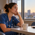 Nurse in blue scrubs resting in a hospital break room at sunset