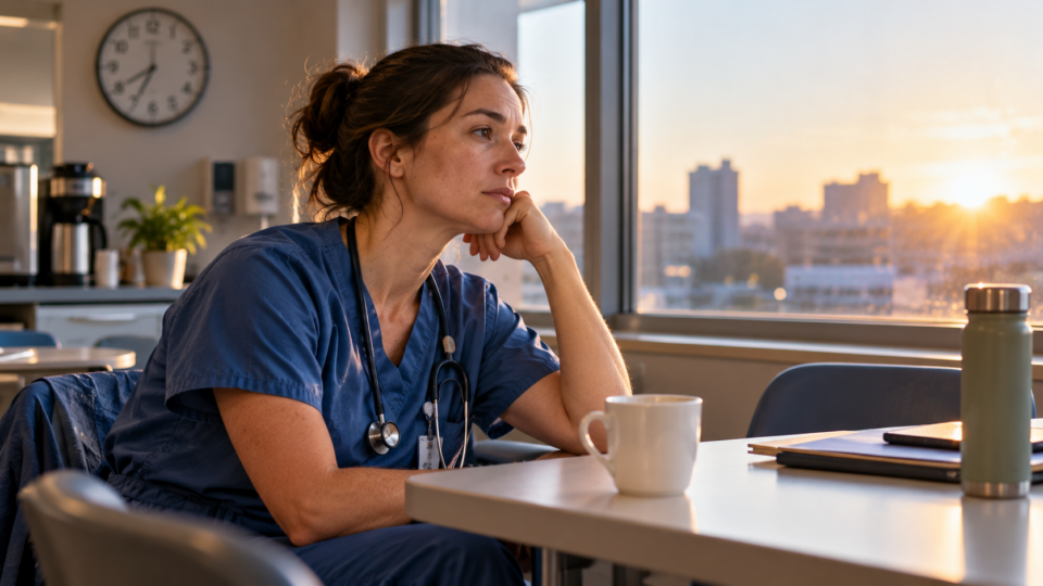 Nurse in blue scrubs resting in a hospital break room at sunset