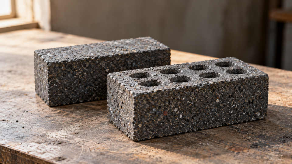 Minimal natural-light editorial image of two dark speckled experimental composite bricks on a workshop table