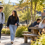 Teenagers' Exercise and Sitting Patterns Linked to Later Distress Teenagers walking and studying together on a sunny green campus, illustrating physical activity, sitting and adolescent well-being
