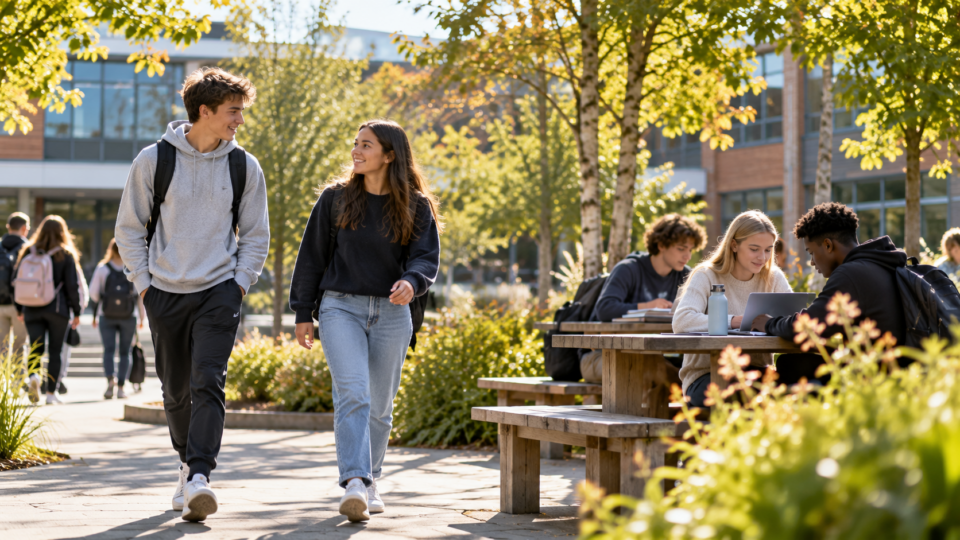 Teenagers walking and studying together on a sunny green campus, illustrating physical activity, sitting and adolescent well-being