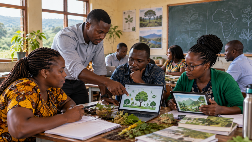 Illustrative scene of African teacher trainees collaborating with laptops and environmental education materials