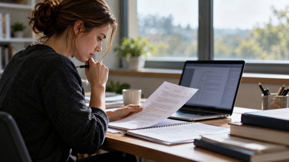 Researcher checking printed notes beside a laptop at a naturally lit desk