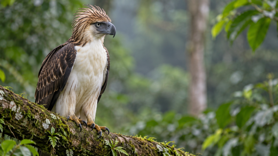 Realistic wildlife illustration of a Philippine eagle perched on a moss-covered branch against a softly blurred rainforest