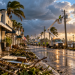 Hurricanes Disrupt Local Sales for Days, Even When Businesses Reopen Quickly Coastal main street after a hurricane with shopkeepers cleaning debris and utility crews restoring electricity