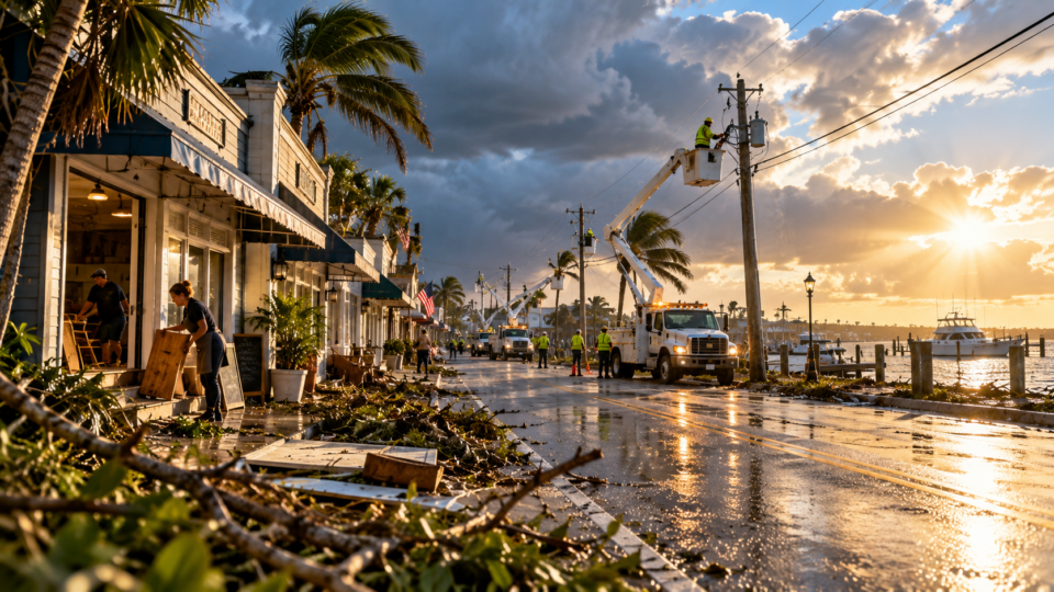 Coastal main street after a hurricane with shopkeepers cleaning debris and utility crews restoring electricity
