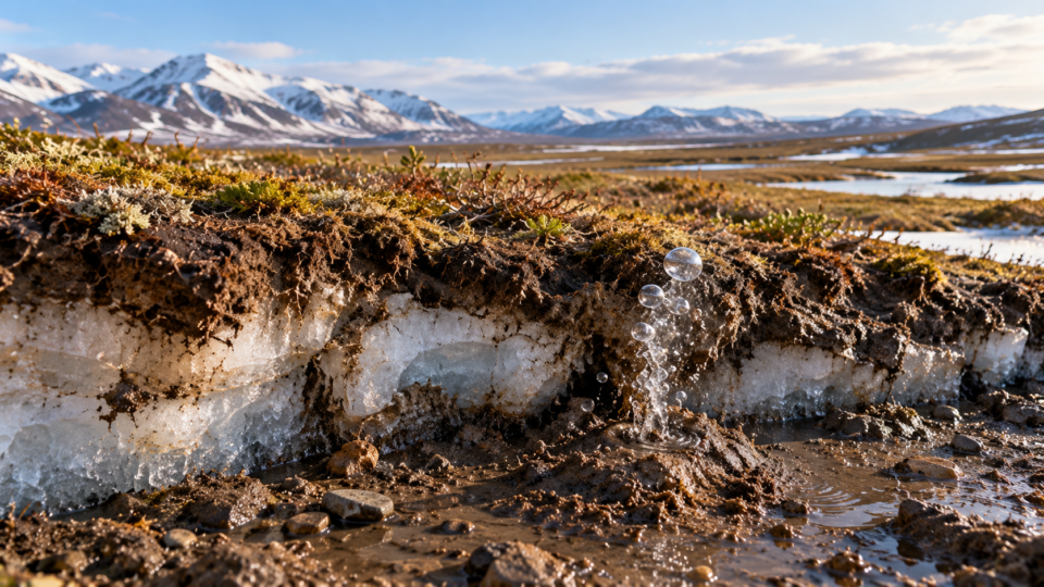 Conceptual photorealistic scene showing gas bubbles emerging through thawing Arctic soil with snow-covered mountains in the background