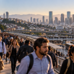 Commuters moving through a large urban transport network, representing research on job accessibility, commuting distance and economic opportunity.