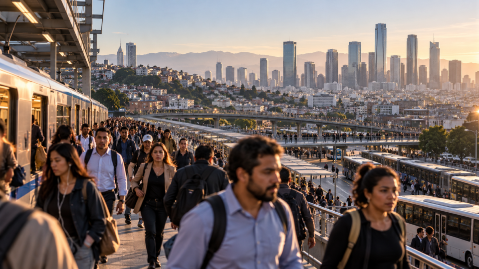 Commuters moving through a large urban transport network, representing research on job accessibility, commuting distance and economic opportunity.