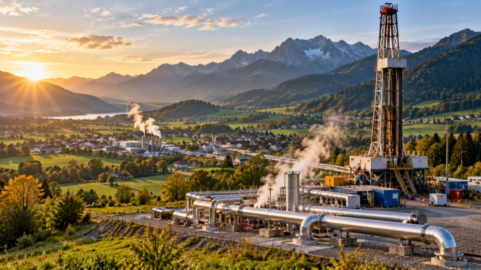 Geothermal drilling rig and steam pipes in a mountainous European valley at sunrise, illustrating deep geothermal energy